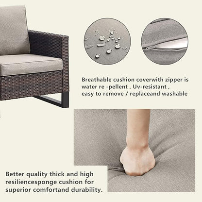 Rilyson Wicker Outdoor Patio Chairs Set - 3 Piece Rattan Patio Furniture Bistro Chairs Set with Waterproof Wicker,Comfortable Cushions and Sturdy Metal Frame for Porch Deck Backyard(Brown/Grey)