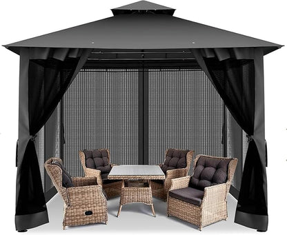 COBIZI Gazebo 10x10 Heavy Duty Gazebos with Improved Nettings Outdoor Gazebo Double Roof Patio Gazebos with Metal Steel Frame Outdoor Canopy for Patio, Deck, Backyard(Black)