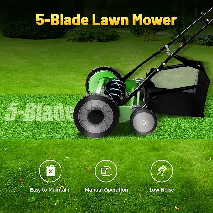 20 Inch 5-Blade Push Reel Lawn Mower, Cordless Manual Lawn Mower with Grass Catcher, Adjustable Cutting Height, Walk-Behind Lawn Mowers for Yard, Garden