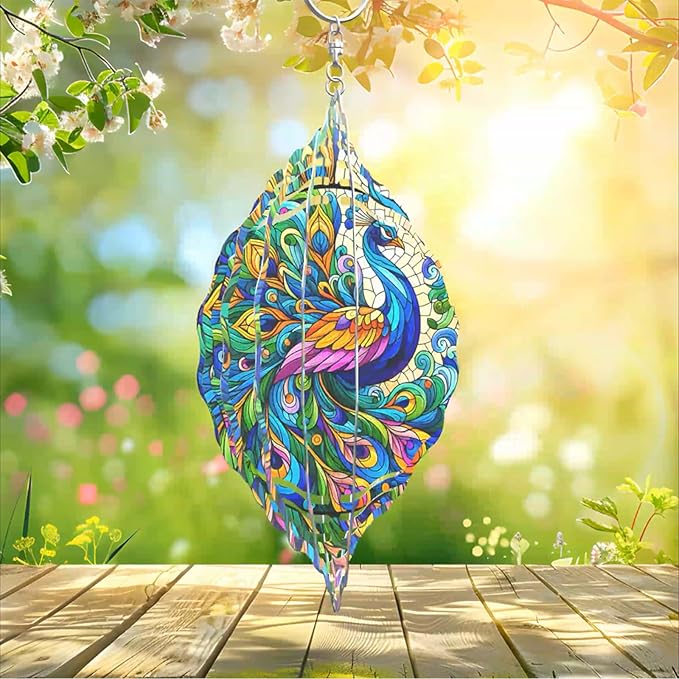 Peacock Wind Spinner 3D Stainless Steel Kinetic Sculpture Metal Art Christmas 10 Inch Colorful Hanging Decoration for Garden, Patio, Yard, and Indoor/Outdoor Spaces