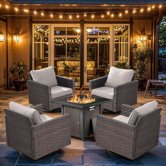 Wicker Outdoor Swivel Chairs Set of 4 with Fire Pit Table, 5 Pieces Patio Furniture Set with Fire Pit Table for Yard, Deck, Garden, Brown/Beige