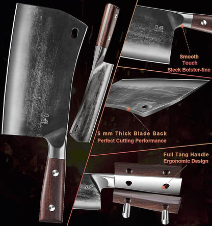 ENOKING Cleaver Knife, 7.5 Inch Hand Forged Meat Cleaver Heavy Duty Bone Chopper German High Carbon Stainless Steel Butcher Knife with Full Tang Handle for Home Kitchen and Restaurant, Ultra Sharp