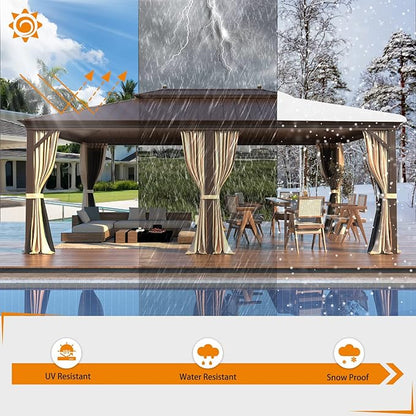 MELLCOM 14'x20' Hardtop Gazebo, Galvanized Steel Metal Double Roof Aluminum Gazebos with Curtain and Netting, Brown Permanent Pavilion Gazebo with Aluminum Frame for Patios, Gardens, Lawn