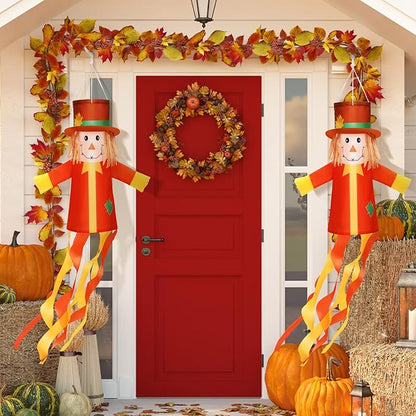 2 Pcs Fall Thanksgiving Scarecrows Windsocks Decoration 40'' Vintage WindSocks for Thanksgiving Decorations Outdoor Hanging Scarecrow for Thanksgiving Party Home Farmhouse Yard Window Decor