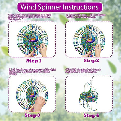 Peacock Wind Spinner 3D Stainless Steel Kinetic Sculpture Metal Art Christmas 10 Inch Colorful Hanging Decoration for Garden, Patio, Yard, and Indoor/Outdoor Spaces