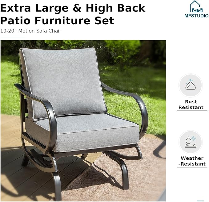 MFSTUDIO 4 Piece Patio Conversation Sets, All Weather Metal Frame Outdoor Furniture Set Patio Sofas with 1 x 45 Rectangular Fire Pit Table, 1 x 3-Seat Sofa, 2 x Rocking Chairs, Grey Cushion