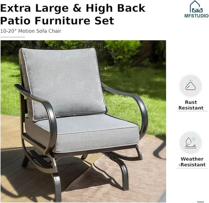 MFSTUDIO 4 Piece Patio Conversation Sets, All Weather Metal Frame Outdoor Furniture Set Patio Sofas with 1 x 45 Rectangular Fire Pit Table, 1 x 3-Seat Sofa, 2 x Rocking Chairs, Grey Cushion