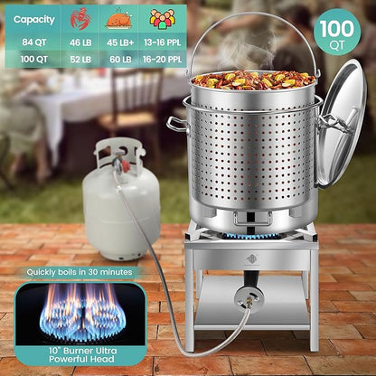 ARC 100QT Stainless Steel Seafood Boil Pot with 200,000BTU Propane Burner, w/Basket for Outdoor Deep Fryer, Large Cooking Pot for Turkey Fryer, Crab, Crawfish, Shrimp, Lobster Boiling Stock Pot
