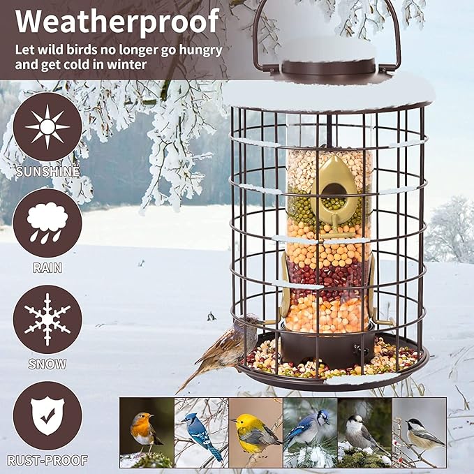 Caged Bird Feeders Metal - 3 Lbs - Squirrel-Proof Wild Bird Feeders, Clear Tube Feeders Hanging Outside Starling Proof, Detachable Cleaning, 4 Feed Ports(Copper)