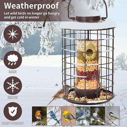 Caged Bird Feeders Metal - 3 Lbs - Squirrel-Proof Wild Bird Feeders, Clear Tube Feeders Hanging Outside Starling Proof, Detachable Cleaning, 4 Feed Ports(Copper)