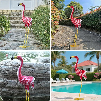 Flamingo Garden Metal Statues - Pink Flamingo Sculptures, Metal Birds Yard Art Outdoor Statue, Outdoor Backyard Decor, Patio, Porch, Lawn Ornament Large Iron Yard Decoration - 33 Inch