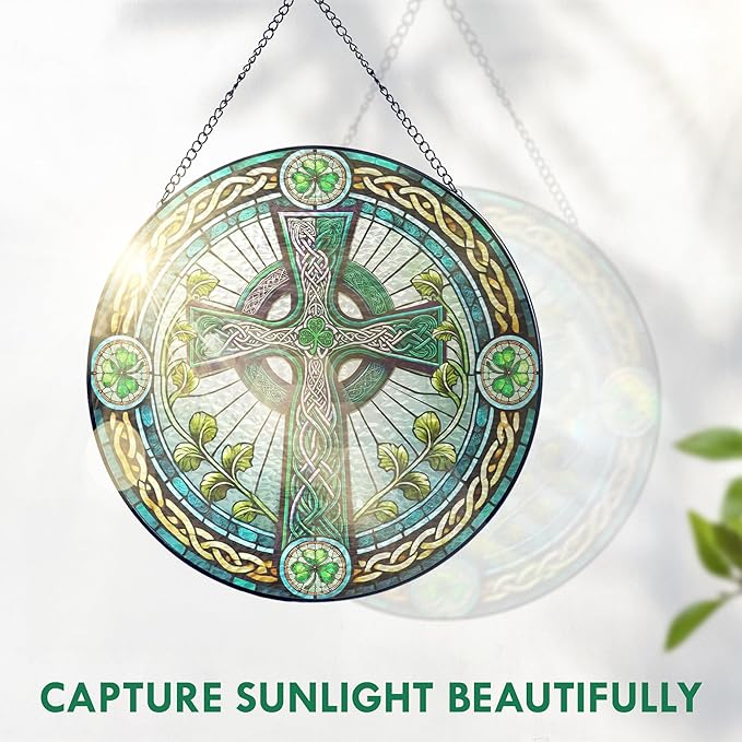 FLAGWIX Christmas Irish Gifts for Women Men - 100% Stained Glass Hanging Suncatcher 8 in - Birthday Christmas Irish Decorations for Family Friends, Celtic Cross Home Decor, St Patricks Day Decorations