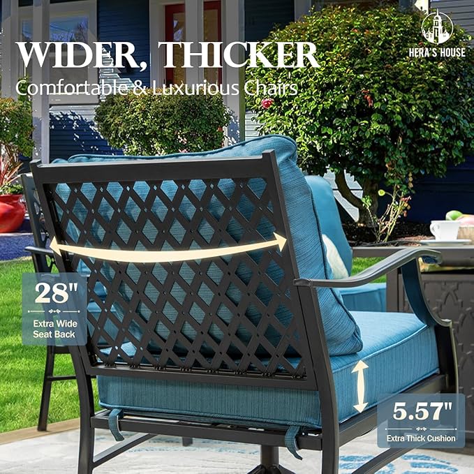 HERA'S HOUSE 4 Piece Patio Furniture Set, 2 x Metal Frame Cushioned Chair, 3-Seat Sofa with Marbling Coffee Table, All Weahter Outdoor Conversation Set for Lawn Garden Backyard, Pacific Blue