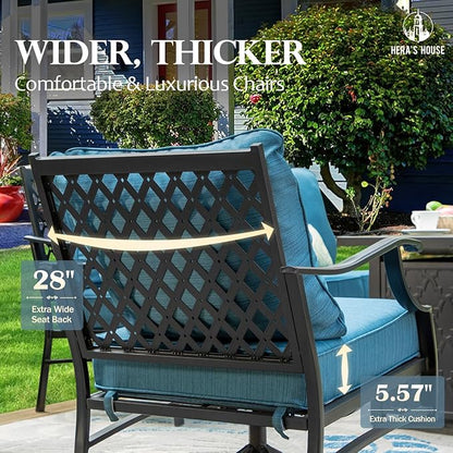 HERA'S HOUSE 5 Pieces Patio Furniture Set, 2 x Rocking Chair, 2 x Ottoman, 1 x 3-Seat Sofa, All Cushioned 7 Seats Metal Outdoor Conversation Set for Lawn Garden Backyard