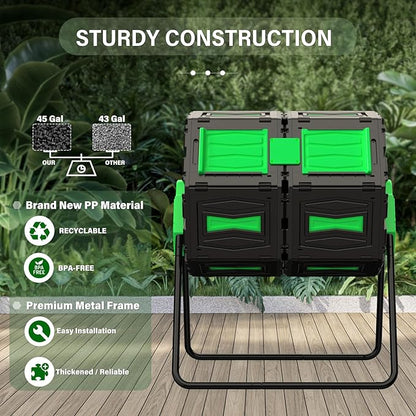 45 Gallon Dual Chamber Compost Tumbler, BPA-Free Rotating Outdoor Composter for Kitchen Waste & Yard, Heavy-Duty Fast Composting Bin for Sustainable Winter Gardening & Spring Prep