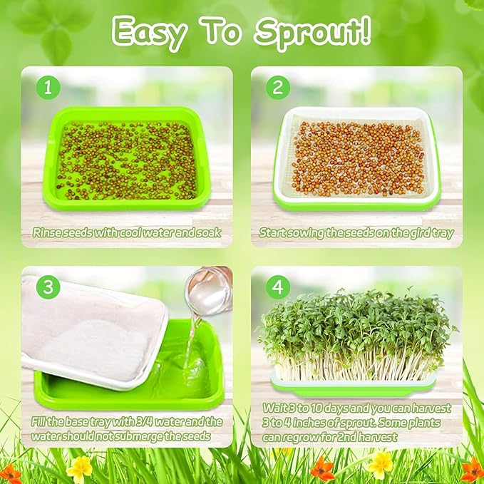 Legigo 10 Pack Green Seed Sprouter Trays- Soil-Free Cultivation Germination Tray, BPA Free Nursery Tray with Planting Paper for Indoors or Outdoors Sprouting Seeds, Grow Grass, Beans (Without Lids)