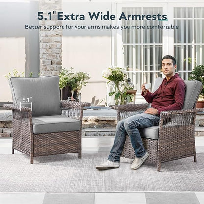 Wicker Outdoor Chairs Set of 2 - Hollow Widen Armrests Patio Furniture Set with Comfortable Thickened Cushion, High Back Outdoor Rattan Chairs for Balcony Porch Deck and Yard - Brown/Gray