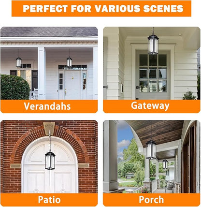 JYZ Dusk to Dawn Outdoor Hanging Light, Exterior Pendant Lantern Dusk Till Dawn, Modern Contemporary Indoor Outdoor Chandelier Lamp Ceiling Mount for Front Porch Gazebo Patio Garden Pergola