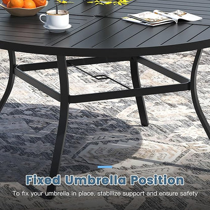 DIFY 59.8" Round Outdoor Patio Dining Table for 8-10, All-Weather Metal Steel Slatted Patio Table with 1.57" Adjustable Umbrella Hole, for Lawn Garden Porch Backyard, Black