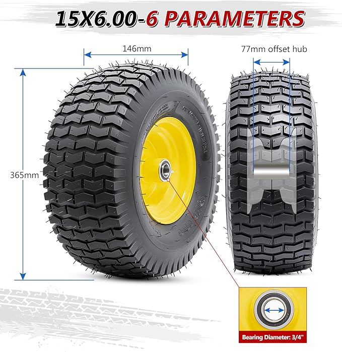 15x6.00-6 Tire and Wheel, 15-Inch Replacement Pneumatic Tires with 3/4" Bearings Compatible with Hand Truck, Wheelbarrow, Wagon, Gorilla Carts Tires (Yellow, 2PCS) P-103