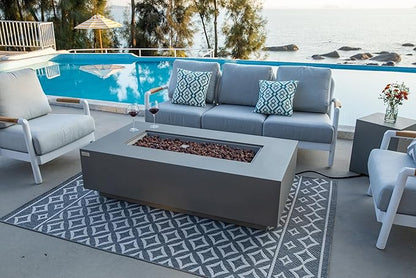 AMS Creations | Madison 60" Rectangular Natural Gas Outdoor Fire Pit Table | Light Gray Concrete GFRC | Smooth Texture or Surface | Electronic Ignition | Outside Backyard Fireplace