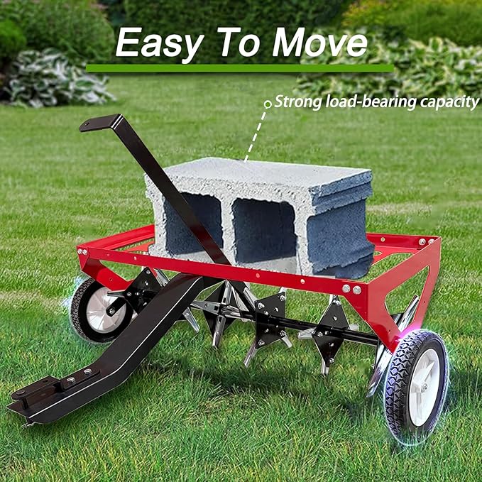 kerlista Tow Behind Lawn Plug Aerator and Heavy Duty Lawn Aerator for Tractors Ride-On Mowers and ATVs and Durable Steel Construction 40-Inch Working Width 3-Inch Spike Depth-Red