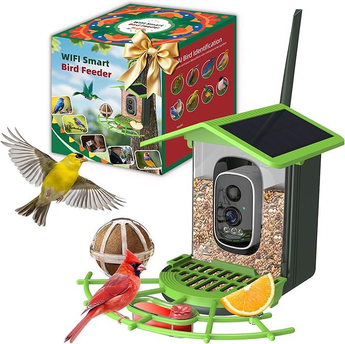 Smart Bird Feeder with Camera – 2K Live View, AI Bird Recognition, Squirrel-Proof, Dual Solar Roof, 5dB Antenna, Instant Alerts for Nature & Wildlife Lovers, Green