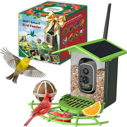 Smart Bird Feeder with Camera – 2K Live View, AI Bird Recognition, Squirrel-Proof, Dual Solar Roof, 5dB Antenna, Instant Alerts for Nature & Wildlife Lovers, Green