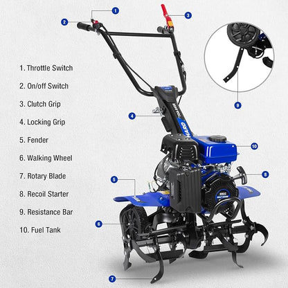 BILT HARD 24'' 99cc 4-Cycle Gas Tiller Cultivator, Variable Width Front Rotating Tines Tiller, 11.8'' Max Working Depth, Adjustable Handle & Wheels Rototiller for Weeding, Cultivating, Digging