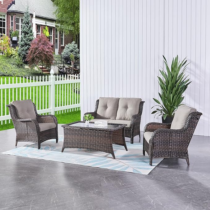 HUMMUH Outdoor Loveseat Sofa 2-Seat PE Rattan Patio Love Seat with Cushions,Deep Seat High Curved Back Armset Sectional Couch for Patio,Garden,Yard,Porch