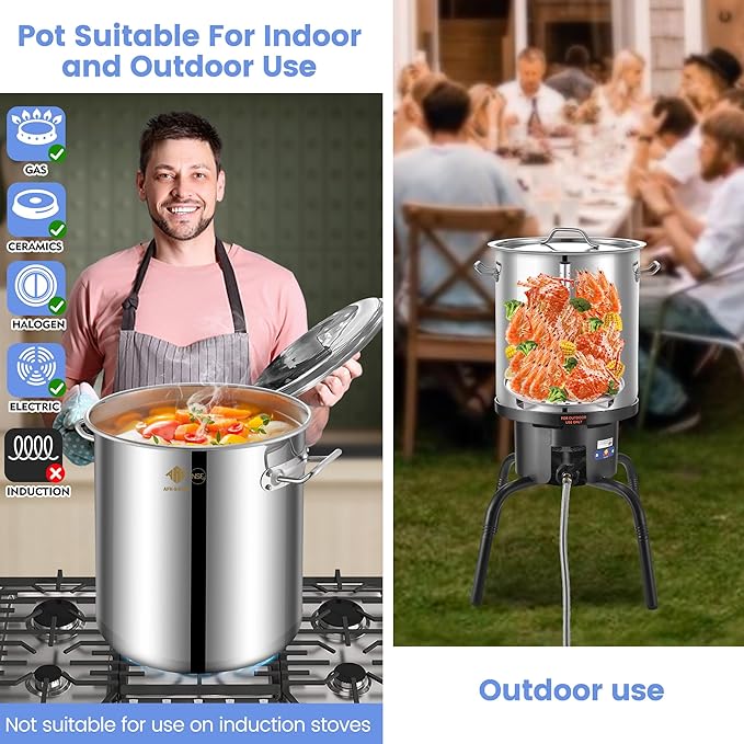 ARC 40QT Turkey Fryer Pot With Basket Kit, Stainless Steel Tamale Steamer Pot And Cast Iron Propane Burner 65,000BTU With Adjustable Legs, Crawfish Boil Seafood Boil Pot Propane Stove For Outdoor