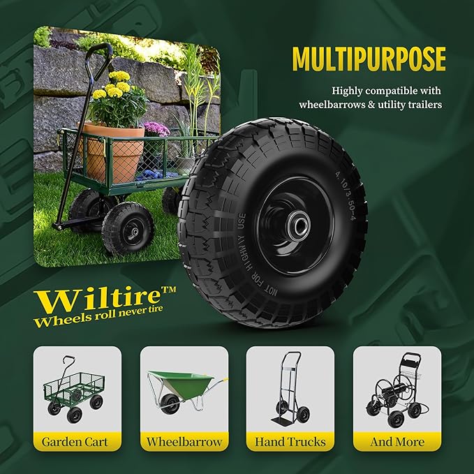 (2 Pack) 4.10/3.50-4 Flat Free Tire and Wheel 10-Inch Solid Wheel Replacement with 5/8 Bearings,2.2" Offset Hub -Compatible with Hand Truck,Wheelbarrow(Black)
