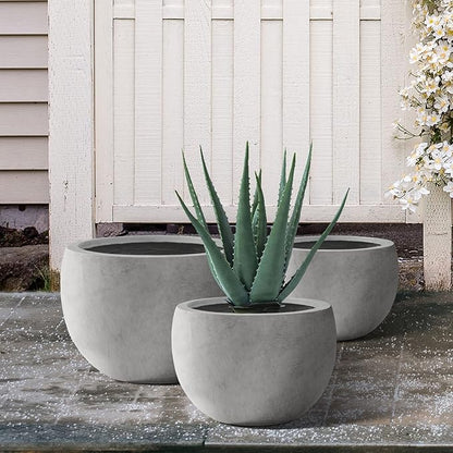 Kante 19.9",15.7",11.8" Dia Round Concrete Planter Set of 3, Outdoor/Indoor Large Bowl Plant Pots with Drainage Hole and Rubber Plug for Garden Patio Balcony Home, Natural Concrete