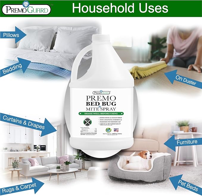 Premo Guard Bed Bug Killer Spray 128 oz - University Tested 100% Kill Rate - Natural Non Toxic, Stain & Scent Free - Kill Bedbugs & Mites On Bed & Blankets, Furniture, Clothing - Child & Pet Safe