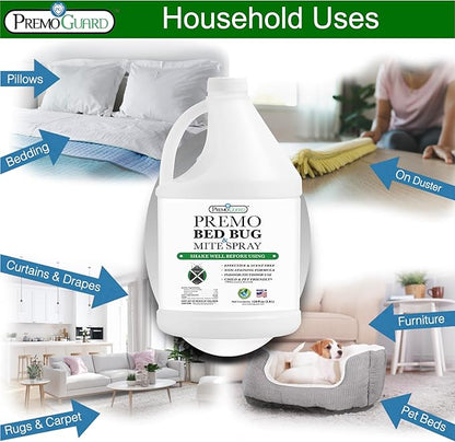 Premo Guard Bed Bug Killer Spray 128 oz - University Tested 100% Kill Rate - Natural Non Toxic, Stain & Scent Free - Kill Bedbugs & Mites On Bed & Blankets, Furniture, Clothing - Child & Pet Safe