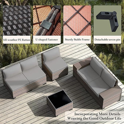 Outdoor Patio Furniture Set, 12 Pieces Outdoor Furniture All Weather Patio Sectional Sofa PE Wicker Modular Conversation Sets with Coffee Table,10 Chairs and Seat Clips Grey