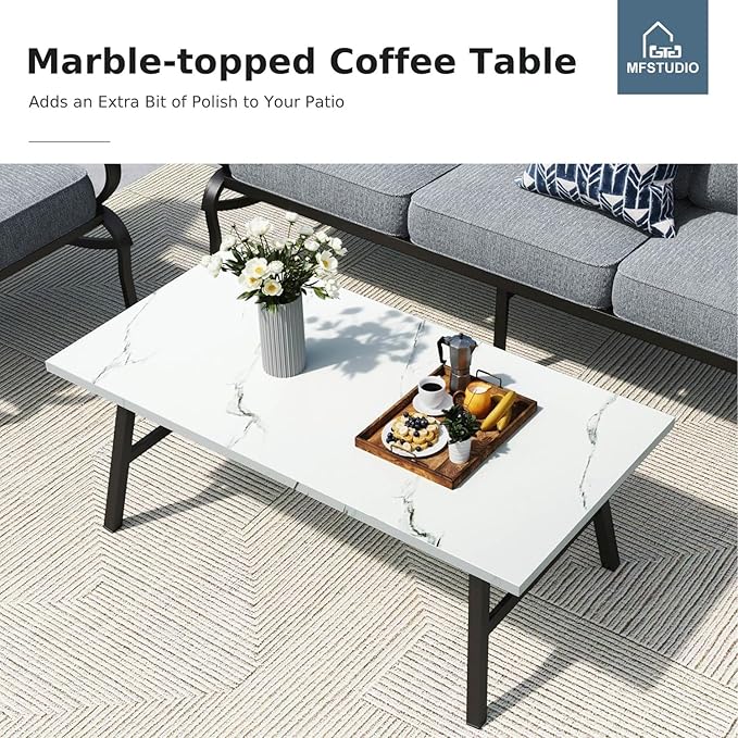 MFSTUDIO 4 Pieces Patio Conversation Set, 5 Seats Metal Patio Furniture Sets with 1 x 3-Seat Sofa, 2 Single Chairs,1 Coffee Table, All Weather Steel Patio Sets with 5.75inch Grey Cushion for Garden