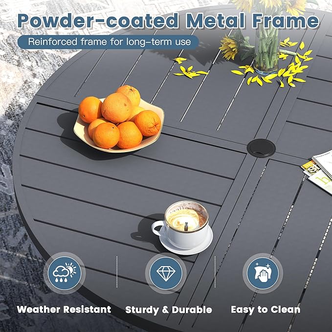 DIFY 59.8" Round Outdoor Patio Dining Table for 8-10, All-Weather Metal Steel Slatted Patio Table with 1.57" Adjustable Umbrella Hole, for Lawn Garden Porch Backyard, Grey