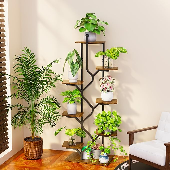 Bstrip 8-Tier Plant Stand with Grow Light, 57 Inch Indoor Plant Shelf, Decor Flower Stand for Living Room & Patio, Rust-Resistant Pipes & Waterproof MDF Boards