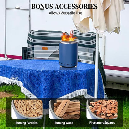 Tabletop Fire Pit 9.7 x 7.1 Inch with Removable Ash Pan, Smokeless Firepit Camping Stove with Bag for Outdoor Safe Burning Firepits, Stainless Steel Wood Burning Fire Pits for Heating, Blue