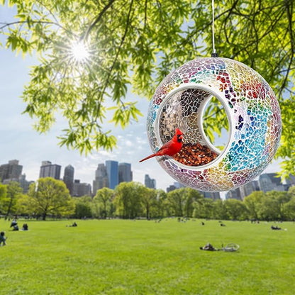 Yinns Mosaic Bird Feeder- Fly Through Glass Bird Feeders for Outside Hanging with Round Shape Glass Container Wild Birdfeeder for Garden Decor, 6.5 Inch Multicolor