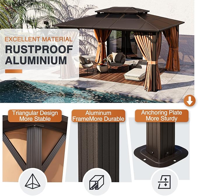 JolyDale14'x12' Hardtop Gazebo, Outdoor Polycarbonate Double Roof Pavilion with Aluminum Frame, Netting, and Curtains, Ideal for Patios, Gardens, and Backyards