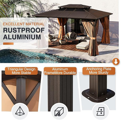 JolyDale14'x12' Hardtop Gazebo, Outdoor Polycarbonate Double Roof Pavilion with Aluminum Frame, Netting, and Curtains, Ideal for Patios, Gardens, and Backyards