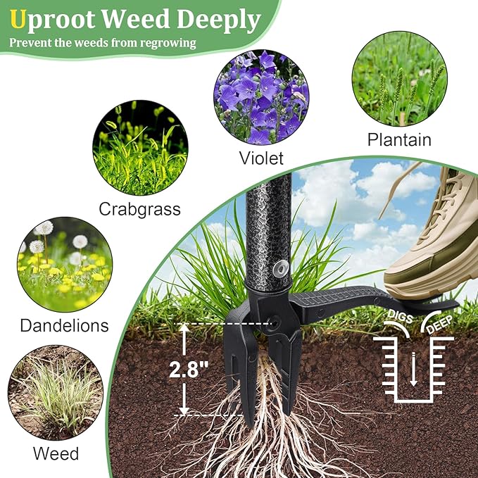 60” Stand Up Weed Puller Tool with Long Handle Reinforced 4-Claw Metal Head Manual Weeders Picker for Removing Dandelion Crabgrass from Garden Yard Lawn Without Bending or Kneeling