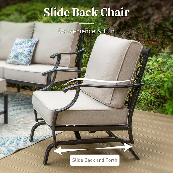 Patio Furniture Set, Modern Metal Outdoor Patio Furniture, 3 Seater Sofa, 2 Fixed Chairs, 2 Rocking Chairs, 2 Ottomans and 5.75" Extra Thick Cushion, Patio Conversation Set for Garden
