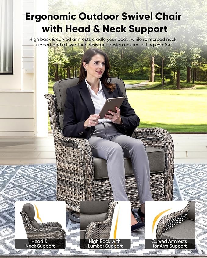 HUMMUH Wicker Patio Furniture Set 6 Inch Thick Cushion Outdoor Swivel Rocker Patio Chairs with Deep Seat Sofa 5PCS Outdoor Furniture Set for Porch Garden Deck