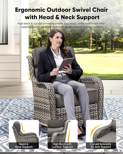 HUMMUH Wicker Patio Furniture Set 6 Inch Thick Cushion Outdoor Swivel Rocker Patio Chairs with Deep Seat Sofa 5PCS Outdoor Furniture Set for Porch Garden Deck