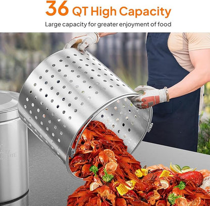 Bonnlo 36QT Turkey Fryer Pot with Steamer Basket, Lid & Lifting Hook, Stainless Steel Seafood Boil-Pot for Lobster, Crab & Shrimp, Heavy-Duty Deep Stockpot for Outdoor Boiling, Cooking & Frying