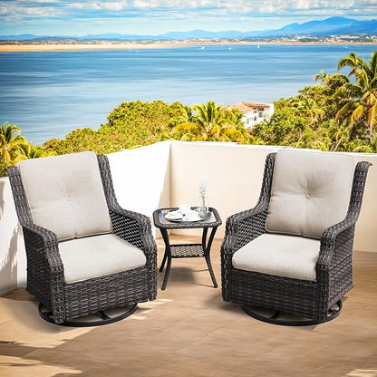 Patio Bistro Set 3 Pieces - Outdoor Swivel Rocker Patio Chair Set of 2 with Matching Tempered Glass Side Table, Cushion Included(Mixed Grey/Beige)