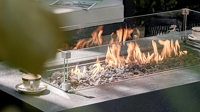 AMS Creations | Madison 60" Bundle Rectangular Natural Gas Outdoor Fire Pit Table | Dark Gray Concrete GFRC | Limestone Texture or Surface | Electronic Ignition | Outside Backyard Fireplace